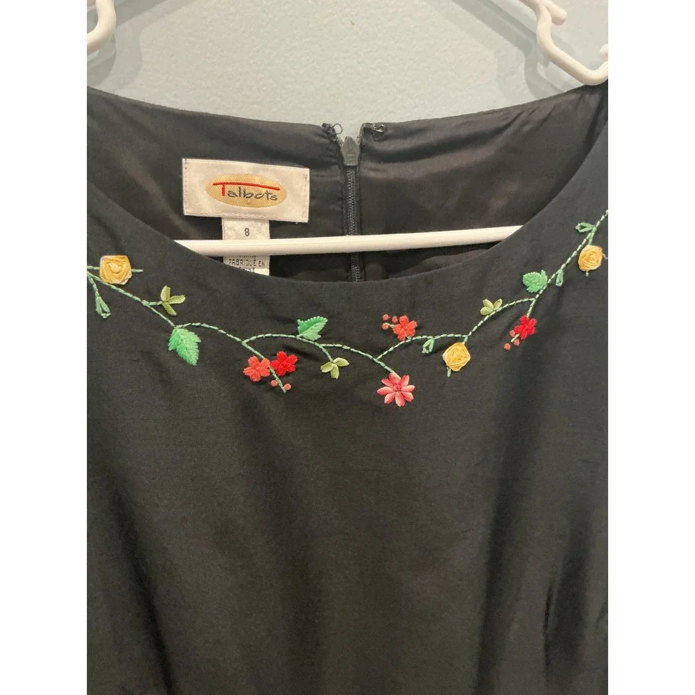 Talbots Womens Embroidered Sleeveless Silk Sheath Dress 8 Black Floral LBD Work